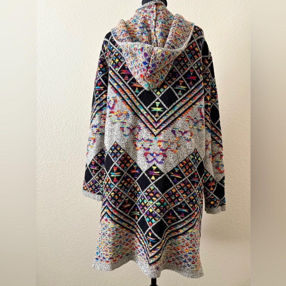 Rainbow Geometric Southwest Knit Open Cardigan 2X Crocheted Hooded Long Sweater - Picture 4 of 10